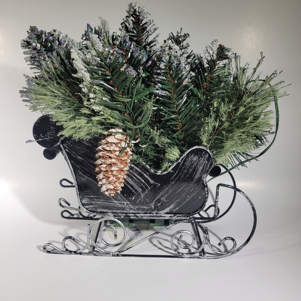 National Tree Company 10" Glittery Bristle Pine Sleigh with White Tipped Cones